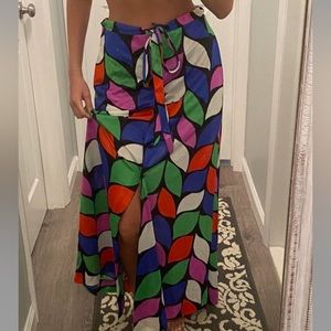 70’s vintage button up long skirt green/blue/red
